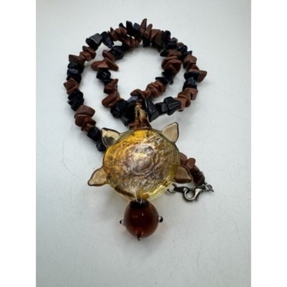 Golden And Black Rain Stone Necklace And Tortoise Murano Art Pendant Pretty - Picture 5 of 9
